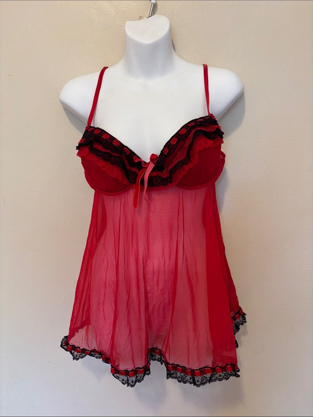 Jezebel Red Sheer Babydoll Chemise with Black Lace Trim
